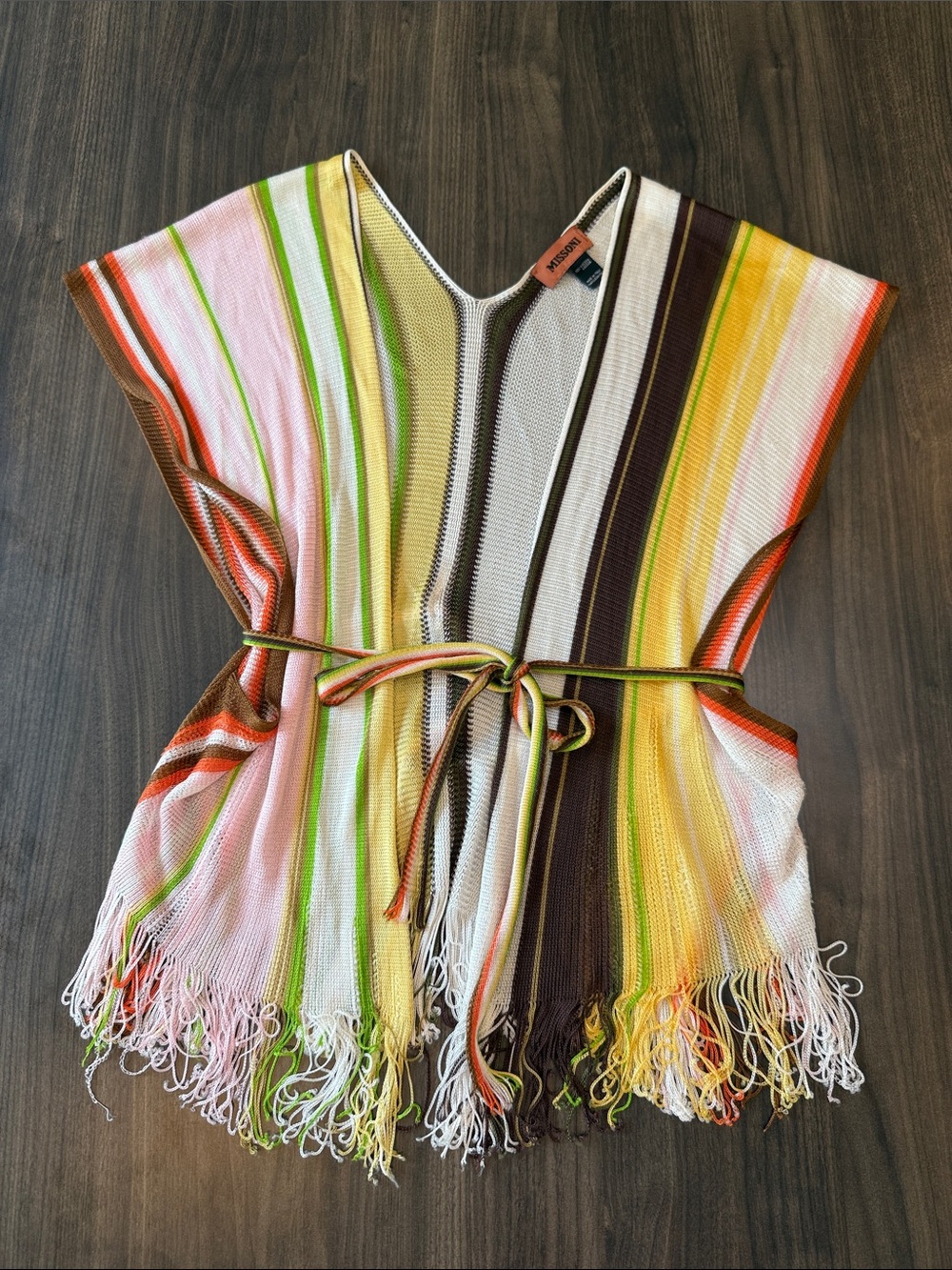Missoni Striped Open Knit Belted Fringe Vest Sleeveless Cardigan Italy